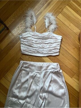 Rachel Zoe Satin Feather-Trim Two-Piece Set in taupe